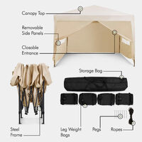 VonHaus Pop Up Gazebo 3x3m Set – Outdoor Garden Marquee with Water-resistant Cover & Leg Weight Bags - Ivory Colour