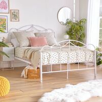 BTFY Double Bed Frame – Solid Metal Frame with Strong Metal Slats & Under Bed Storage Space – White Ornate Vintage Floral Design – Bedroom Furniture For Kids, Teenagers, Adults