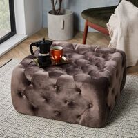 Spinningfield Mink Button Footstool - Tufted Plush Soft Velvet, Large Square Coffee Table Pouffe with Cushioned Fabric for Lounge & Living Room – Luxury Modern & Contemporary Chesterfield Style