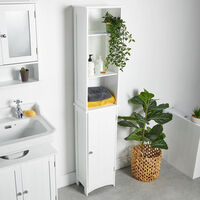 VonHaus Tall Bathroom Cabinet - White Tallboy Storage Unit w/ Cupboard & 6 Shelves - Freestanding Slim Bathroom Cabinet - Wooden Bathroom Furniture - Water Resistant Paint