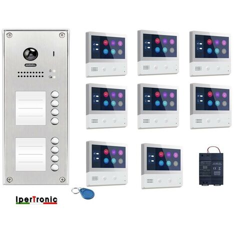 kit videocitofono 12 appartamenti con pulsantiera dodici tasti e monitor Touch 7 pollici a colori 2 fili ipertronic