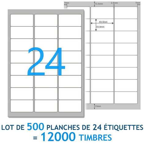 Lot de 500 Planches A4 de 24 étiquettes multi-usages 6,35 x 3,39 cm - spéciales TIMBRE
