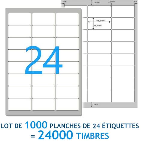 Lot de 1000 Planches A4 de 24 étiquettes multi-usages 6,35 x 3,39 cm - spéciales TIMBRE