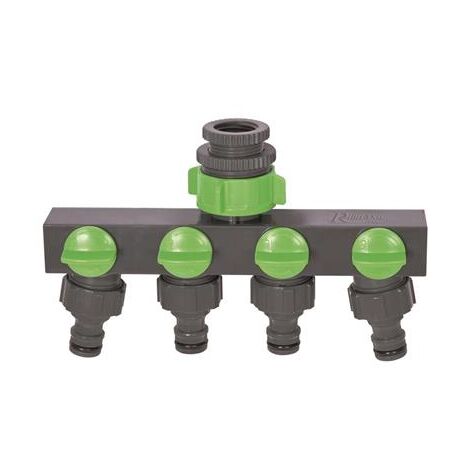 Ribiland – Nez de robinet 4 circuits – Filetage 26x34 mm (1") – Réduction 20x27 mm (3/4") et 15x21 mm (1/2") – Bi-matière avec revêtement Soft Touch