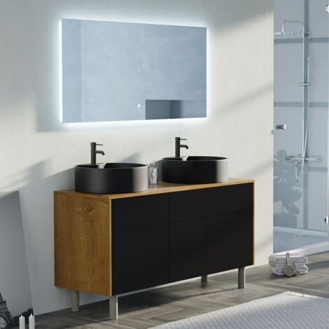 Distribain – Meuble double vasque VENEZIA 140 cm – Bois naturel et noir mat – 2 vasques rondes en céramique – 5 tiroirs et 2 placards