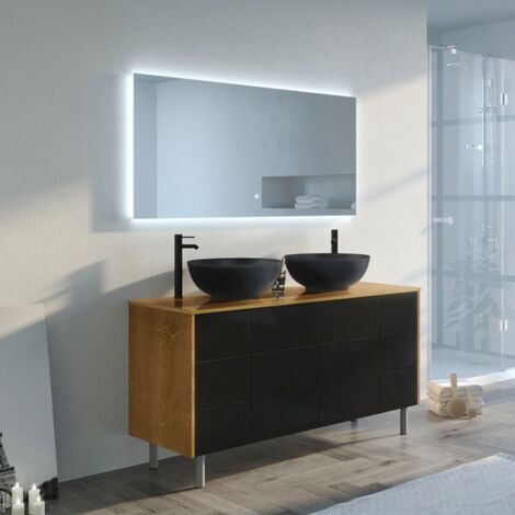 Distribain – Meuble double vasque 140 cm en MDF noir mat et bois naturel – 2 vasques rondes céramique – 8 tiroirs et 2 placards – Installation facile
