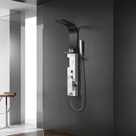 Distribain – Colonne de douche hydromassante – Aluminium noir et blanc – 2 jets double fonction – Dôme pluie et douchette – Dimensions 220 x 1400 mm - GA005 (1/5)