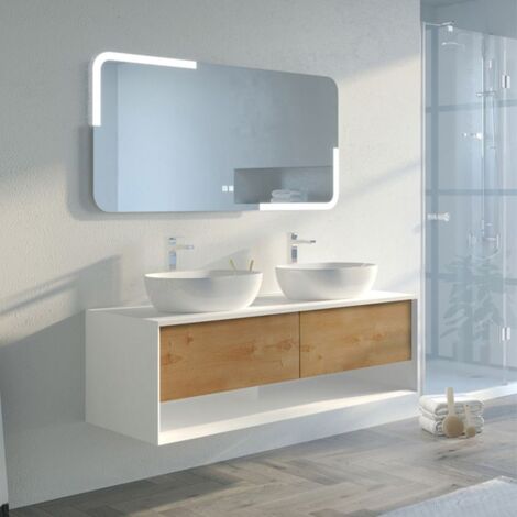 Distribain – Meuble sous vasque simple 140 cm – Double vasque céramique blanche – 2 tiroirs avec ouverture Push-Open – MDF blanc et bois naturel