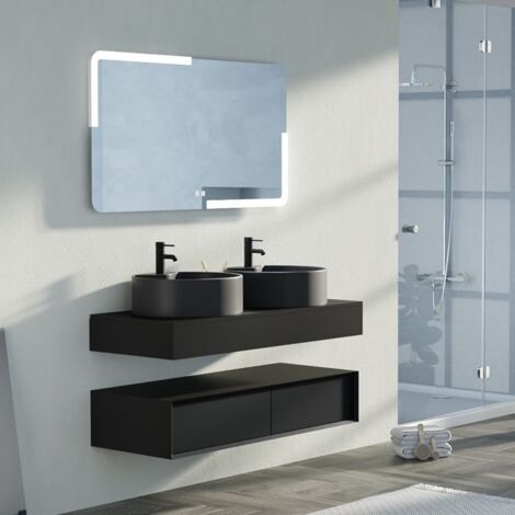 Distribain – Meuble double vasque 120 cm noir mat – 2 tiroirs – Vasques rondes en céramique – Ouverture push-open – Miroir rétro-éclairé 120 cm
