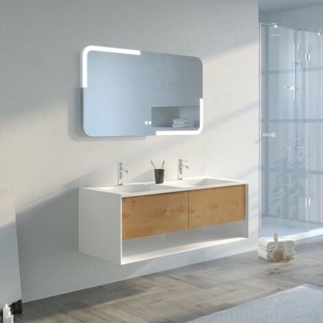 Distribain – Meuble sous vasque simple 1200mm en MDF blanc et bois naturel – Double vasque avec miroir anti-buée – 2 tiroirs et ouverture push-open