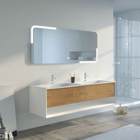 Distribain – Meuble sous vasque double vasque 160cm – MDF blanc mat et bois naturel – Ouverture Push-Open – Rangement spacieux avec tiroirs