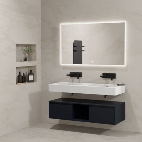Distribain – Meuble sous vasque simple 120 cm noir mat – Double vasque en résine – Système Push-Open – Rangement avec tiroirs et niche
