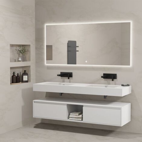 Distribain – Meuble sous vasque double vasque 160 cm en MDF blanc – Finition mate – Système de fermeture douce – Entretien facile