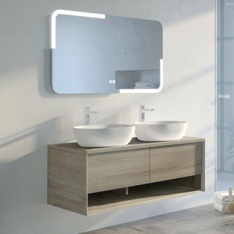 Distribain – Meuble sous vasque double vasque 140 cm en MDF – Coloris scandinave – Miroir 1180 x 70 mm avec fonction anti-buée – Éclairage LED intégré (1/5)