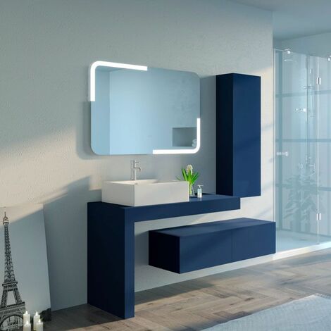 Distribain – Meuble de salle de bain Melizzano 1100 – Vasque rectangulaire en céramique blanche – Dimensions 1100x500x100 mm – MDF bleu saphir mat