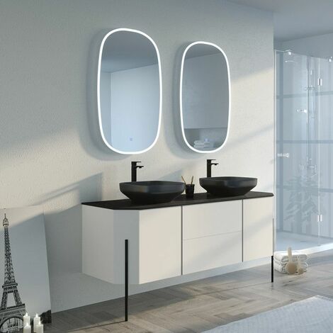 Distribain – Meuble sous vasque simple 160 cm blanc – Double vasque en céramique – Miroir rétro-éclairé anti-buée – Système Push open (1/5)
