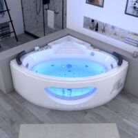Distribain – Baignoire balnéo d'angle 140x140cm – 34 jets hydromassants – Bluetooth et chromothérapie – Acrylique renforcé