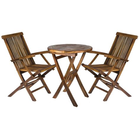 Solid Hardwood Round Garden Dining Drinks Table with 2 Outdoor Folding Chairs