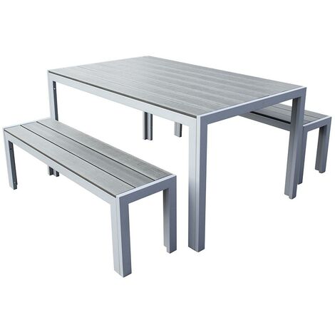 3 Piece Polywood Outdoor Dining Table Bench Set Durable Aluminium Frame in Grey