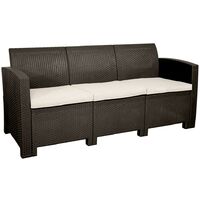 Brown 3-Seater Rattan-Effect Sofa Lounger Cream Cushion Outdoor Garden Furniture