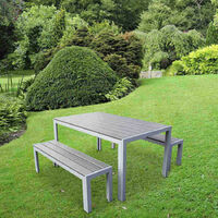 3 Piece Polywood Outdoor Dining Table Bench Set Durable Aluminium Frame in Grey