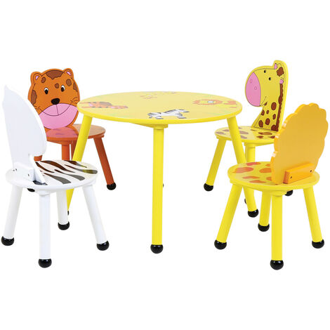 Charles Bentley Wood Safari Table & Chairs 4 Chairs Set Childrens Furniture - Multi-Coloured