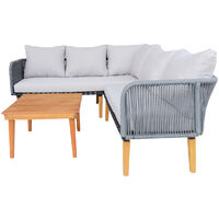 Charles Bentley FSC Acacia Wood and Rope Corner Lounge Set with Grey Cushions - Beige, Grey