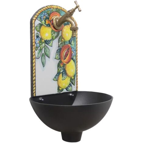 Fontana a muro Petra "A" colore ghisa per casa e giardino pietra lavica con rubinetto in ottone finitura a scelta : brunito
