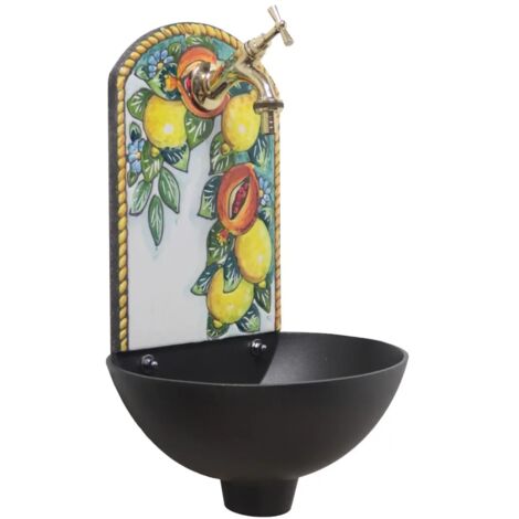 Fontana a muro Petra "A" colore ghisa per casa e giardino pietra lavica con rubinetto in ottone finitura a scelta : lucido