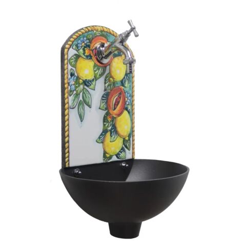 Fontana a muro Petra "A" colore ghisa per casa e giardino pietra lavica con rubinetto in ottone finitura a scelta : cromato