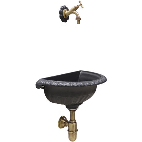 Fontana a muro Liberty per casa giardino da parete esterno balcone grigio ghisa con rubinetto e sifone in ottone : brunito