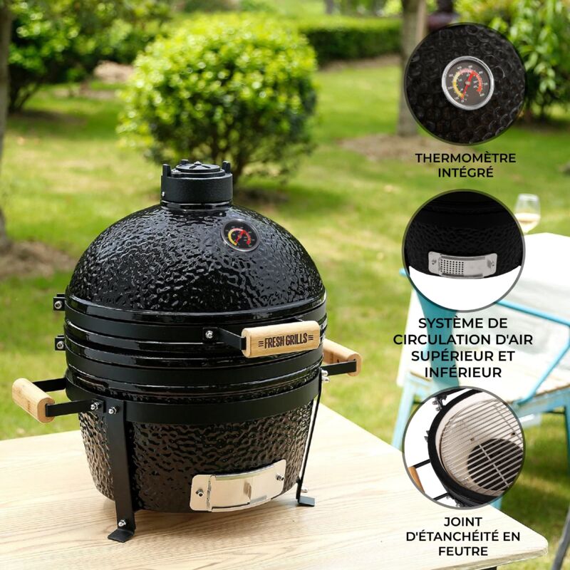 Barbecue Kamado En Céramique Noir 40,6 Cm – Grille Inox 33 Cm – Thermomètre Intégré – Pour Griller, Fumer, Rôtir - 8