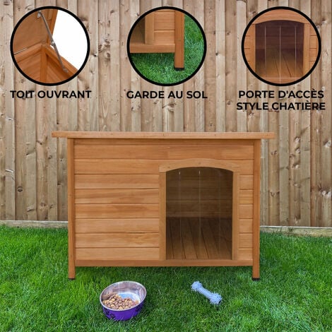 Niche pour Chien en Bois de Sapin avec Toit Plat en Asphalte - 70 x 103 x 63 cm - Chien Taille Moyenne - Imperméable & Durable - Intérieure ou Extérieure [Pieds en Plastique INCLUS] Kennel Chenil Abri