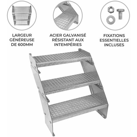 Escalier Caillebotis à 3 marches 600mm x 240 mm - Acier Galvanisé DIN 24537 - Hauteur totale 600mm - Maille 20 x 25 mm - Résistant à la Corrosion EN ISO 1461 - Construction Bâtiment Sortie de Secours