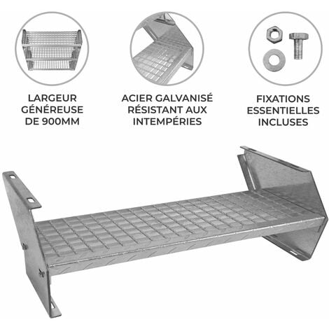 Marche pour Escalier Caillebotis 900mm x 240 mm - Acier Galvanisé DIN 24537 - Maille 20x25 mm - Résistant à la Corrosion EN ISO 1461 - Construction Bâtiment Sortie de Secours [Fixations INCLUSES]