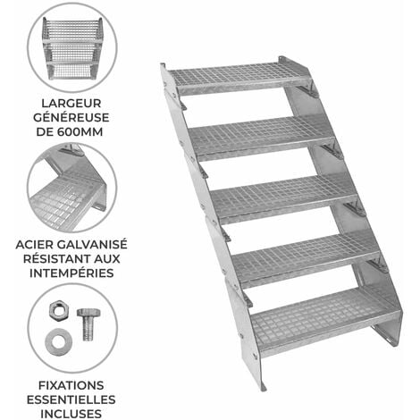 Escalier Caillebotis à 5 marches 600mm x 240 mm - Acier Galvanisé DIN 24537 - Hauteur totale 1000mm - Maille 20 x 25 mm - Résistant à la Corrosion EN ISO 1461 - Construction Bâtiment Sortie de Secours