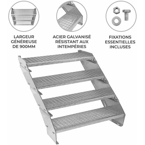 Escalier Caillebotis à 4 marches 900mm x 240 mm - Acier Galvanisé DIN 24537 - Hauteur totale 800mm - Maille 20 x 25 mm - Résistant à la Corrosion EN ISO 1461 - Construction Bâtiment Sortie de Secours