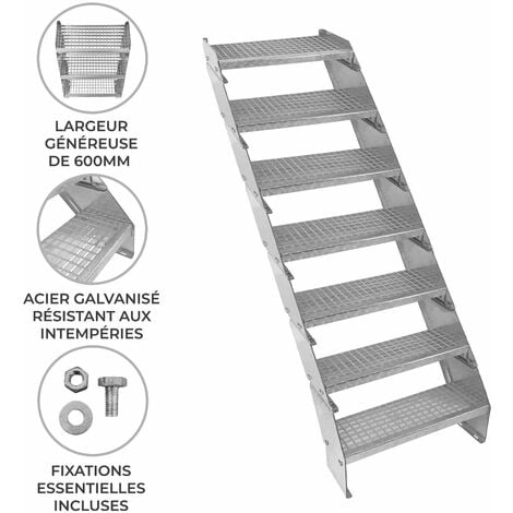 Escalier Caillebotis à 7 marches 600mm x 240 mm - Acier Galvanisé DIN 24537 - Hauteur totale 1400mm - Maille 20 x 25 mm - Résistant à la Corrosion EN ISO 1461 - Construction Bâtiment Sortie de Secours
