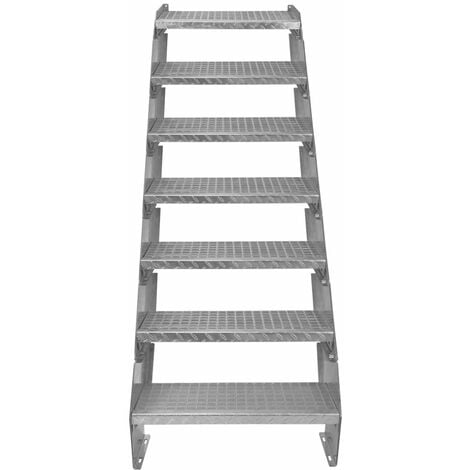 Escalier Caillebotis à 7 marches 600mm x 240 mm - Acier Galvanisé DIN 24537 - Hauteur totale 1400mm - Maille 20 x 25 mm - Résistant à la Corrosion EN ISO 1461 - Construction Bâtiment Sortie de Secours