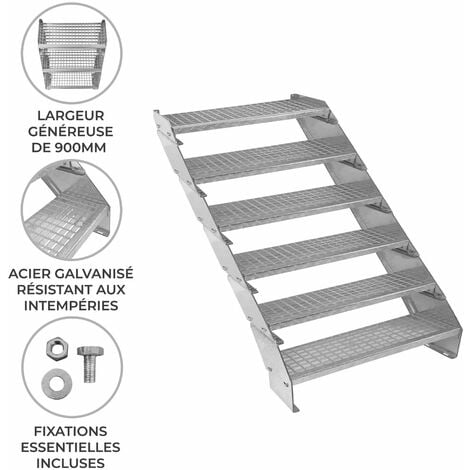 Escalier Caillebotis à 6 marches 900mm x 240 mm - Acier Galvanisé DIN 24537 - Hauteur totale 1200mm - Maille 20 x 25 mm - Résistant à la Corrosion EN ISO 1461 - Construction Bâtiment Sortie de Secours