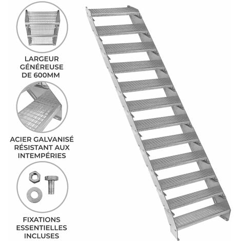 Escalier Caillebotis à 12 marches 600mm x 240 mm - Acier Galvanisé DIN 24537 - Hauteur totale 2400mm - Maille 20x25 mm - Résistant à la Corrosion EN ISO 1461 - Construction Bâtiment Sortie de Secours
