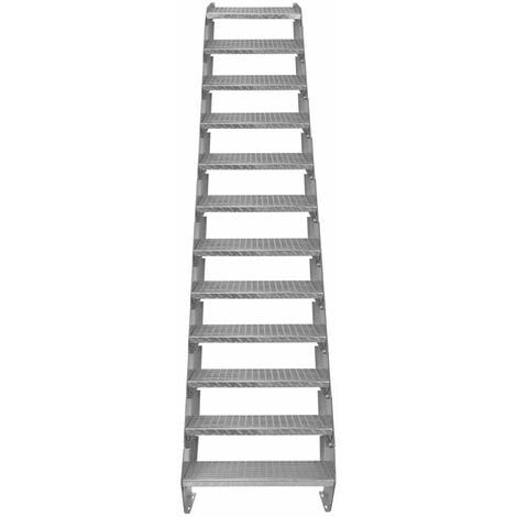 Escalier Caillebotis à 12 marches 600mm x 240 mm - Acier Galvanisé DIN 24537 - Hauteur totale 2400mm - Maille 20x25 mm - Résistant à la Corrosion EN ISO 1461 - Construction Bâtiment Sortie de Secours