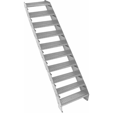 Escalier Caillebotis à 10 marches 600mm x 240 mm - Acier Galvanisé DIN 24537 - Hauteur totale 2000mm - Maille 20x25 mm - Résistant à la Corrosion EN ISO 1461 - Construction Bâtiment Sortie de Secours