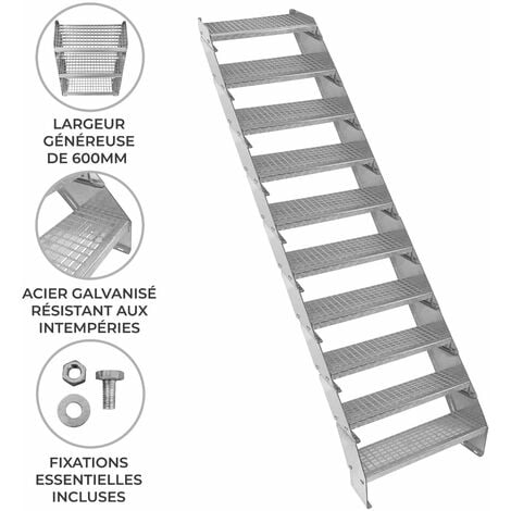 Escalier Caillebotis à 10 marches 600mm x 240 mm - Acier Galvanisé DIN 24537 - Hauteur totale 2000mm - Maille 20x25 mm - Résistant à la Corrosion EN ISO 1461 - Construction Bâtiment Sortie de Secours