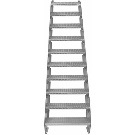 Escalier Caillebotis à 10 marches 600mm x 240 mm - Acier Galvanisé DIN 24537 - Hauteur totale 2000mm - Maille 20x25 mm - Résistant à la Corrosion EN ISO 1461 - Construction Bâtiment Sortie de Secours