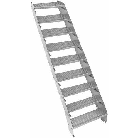 Escalier Caillebotis à 9 marches 600mm x 240 mm - Acier Galvanisé DIN 24537 - Hauteur totale 1800mm - Maille 20 x 25 mm - Résistant à la Corrosion EN ISO 1461 - Construction Bâtiment Sortie de Secours
