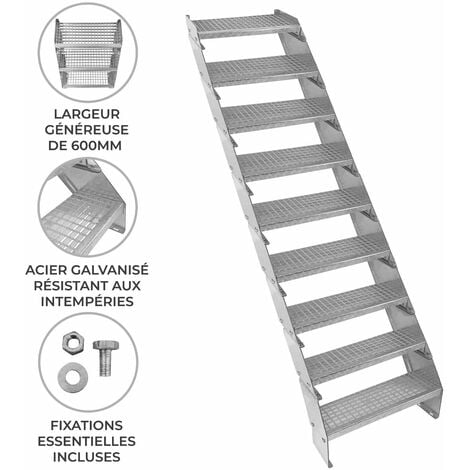 Escalier Caillebotis à 9 marches 600mm x 240 mm - Acier Galvanisé DIN 24537 - Hauteur totale 1800mm - Maille 20 x 25 mm - Résistant à la Corrosion EN ISO 1461 - Construction Bâtiment Sortie de Secours