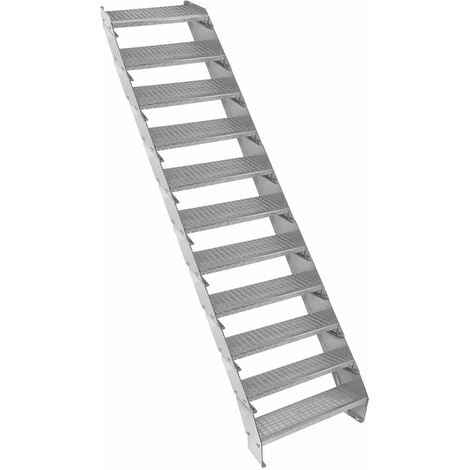Escalier Caillebotis à 11 marches 600mm x 240 mm - Acier Galvanisé DIN 24537 - Hauteur totale 2200mm - Maille 20x25 mm - Résistant à la Corrosion EN ISO 1461 - Construction Bâtiment Sortie de Secours