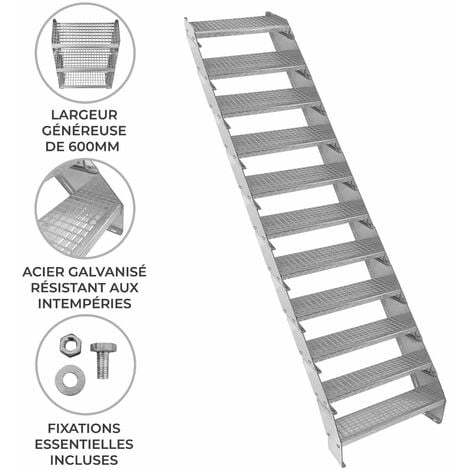 Escalier Caillebotis à 11 marches 600mm x 240 mm - Acier Galvanisé DIN 24537 - Hauteur totale 2200mm - Maille 20x25 mm - Résistant à la Corrosion EN ISO 1461 - Construction Bâtiment Sortie de Secours