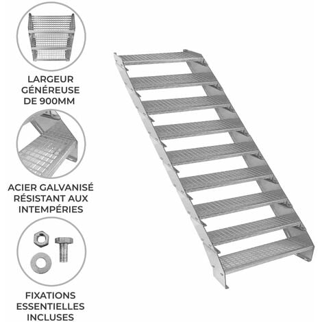 Escalier Caillebotis à 9 marches 900mm x 240 mm - Acier Galvanisé DIN 24537 - Hauteur totale 1800mm - Maille 20 x 25 mm - Résistant à la Corrosion EN ISO 1461 - Construction Bâtiment Sortie de Secours